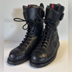 Prada Black Combat Boots with Red Accent